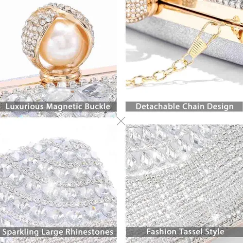 Miniatura 4 de Yokawe Bolso de noche con cristales para mujer, con diamantes de imitación, con borlas, bolsos cruzados para novia, boda, fiesta, baile de graduación