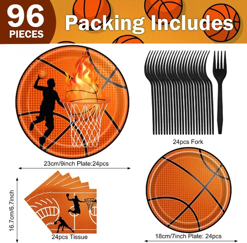 Miniatura 2 de Decoraciones de fiesta de baloncesto, juego de 96 platos y servilletas de baloncesto para niños, decoraciones de fiesta de cumpleaños de niños