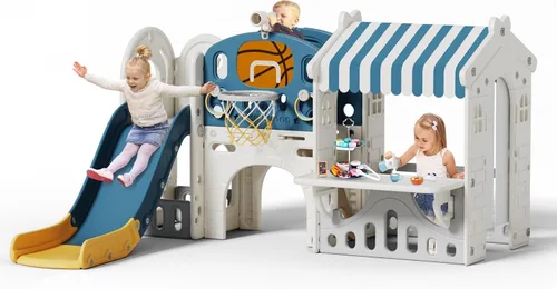 Miniatura 7 de BIERUM Tobogán 10 en 1 para niños pequeños con aro de baloncesto, tobogán interior para niños pequeños de 1 a 3 años con casa de juegos para niños