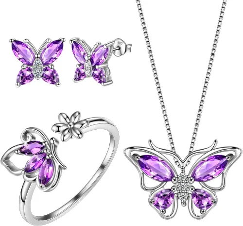 Aurora Tears Butterfly Jewelry,Women 925 Sterling Silver Butterflies Birthstone Pendant NecklaceEarringsRings Wedding Gift