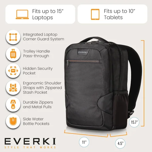 Miniatura 5 de EVERKI Studio Slim Business Professional - Mochila para laptop MacBook Pro 15 de 14.1 pulgadas, ligera, para hombres o mujeres (EKP118), color negro