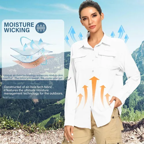 Miniatura 6 de Camisas de manga larga UPF 50 para mujer, protección solar UV, safari, secado rápido, pesca, senderismo, viajes