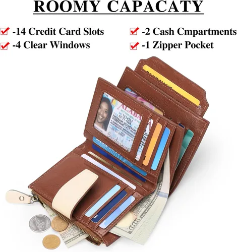 Miniatura 3 de FALAN MULE Cartera pequeña para mujer, de cuero, plegable, compacta, con bloqueo RFID, pequeña cartera para mujer