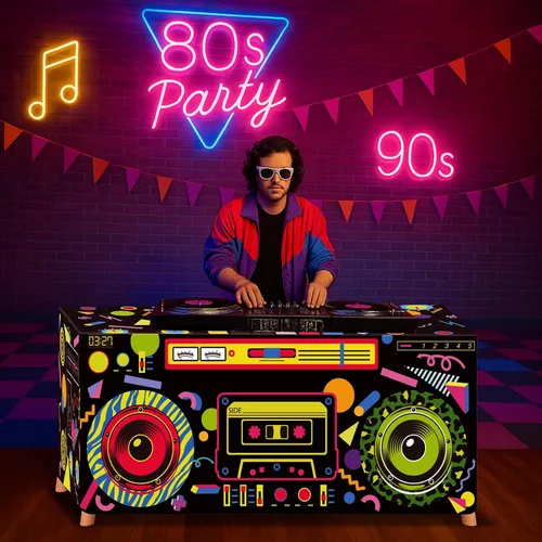 Miniatura 6 de Frienda Mantel temático de 6 pies, 80 y 90, mantel de cumpleaños de los años 80, mantel retro de radio, decoración de fiesta de hip hop, suministros