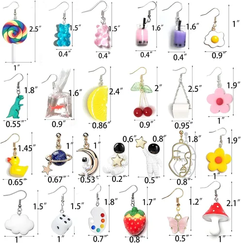 Miniatura 6 de 24 pares de aretes colgantes extraños para mujeres y niñas planeta astronauta luna y estrellas oso de dinosaurio piruleta pez fresa hongo flores