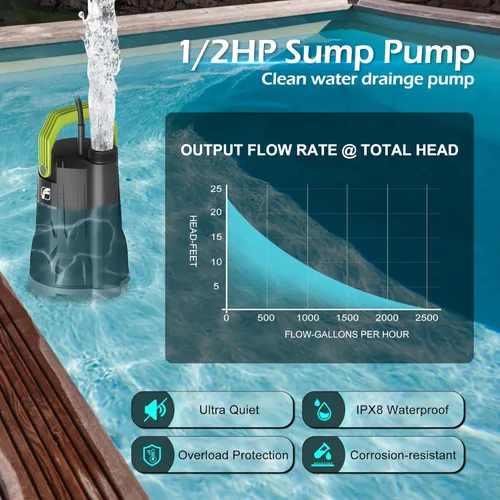 Miniatura 4 de FLUENTPOWER Bomba de sumidero, bomba de agua sumergible de 1/2 HP, bomba utilitaria de 2500 GPH de control manual para piscina, jardín, estanque