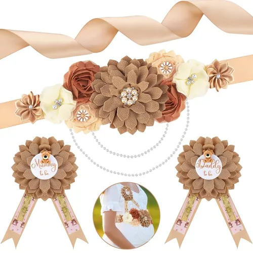 Ovveroche Banda de maternidad de oso de peluche para mamá para ser papá para ser papá para ser ramillete, banda de flores para baby shower, vestido
