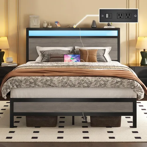 Miniatura 9 de Fluest Base de cama Queen con cabecero y estribo, marco de cama con estación de carga integrada y luz LED, estante de almacenamiento, sin ruido,