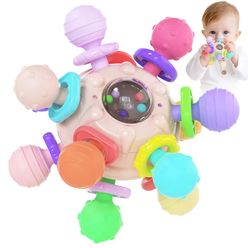 Cerberus Mordedor de silicona para bebés, juguetes sensoriales Montessori, 0-12 meses, rosa y multicolor, juguetes de dentición para bebés