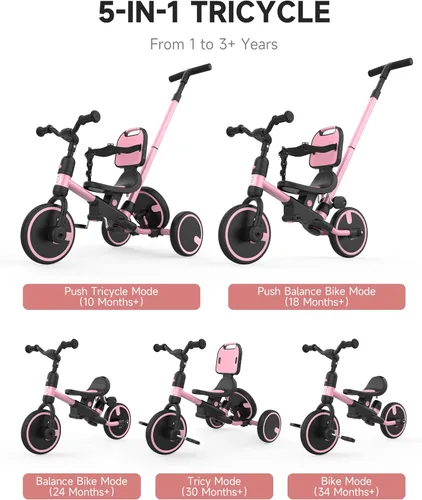 Miniatura 2 de Bicicleta para niños pequeños Besrey 1-3 años, triciclo para niños pequeños con rueda de repuesto, triciclo para niños 5 en 1 con mango de empuje