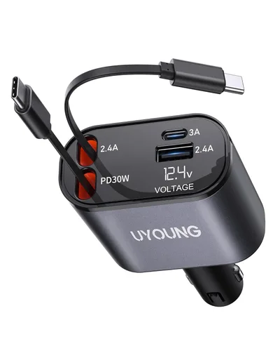 Cargador de teléfono para coche, cargador de coche retráctil 4 en 1, cargador rápido de 30W, doble USB tipo C, cables retráctiles de 31.5 pulgadas y