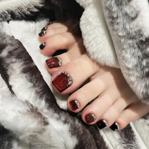Miniatura 38 de Uñas postizas acrílicas artificiales negras para los dedos de los pies, ataúd a presión con diseños de flores blancas, uñas postizas reutilizables
