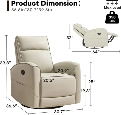 Miniatura 2 de HAOMARKETS Silla reclinable basculante giratoria, sillón reclinable manual de imitación de cuero para adultos, sofá reclinable para cuarto del bebé
