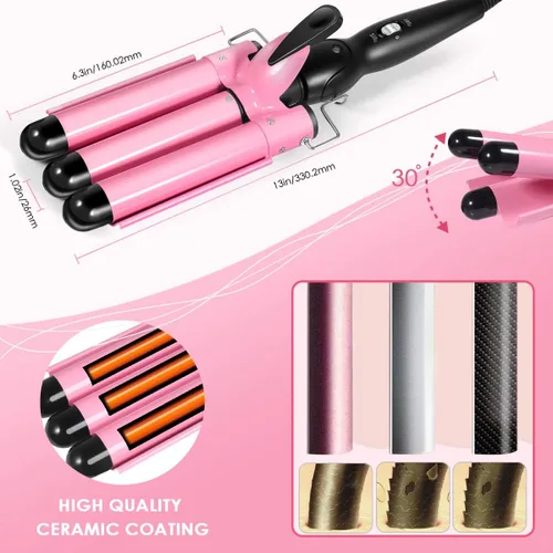 Miniatura 5 de Varita rizadora de 3 barriles de doble voltaje para rizar el cabello, rizadora de triple barril, 0.984 in, turmalina de cerámica