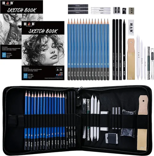 Miniatura 8 de H & B Kit de dibujo profesional de 40 piezas, kit completo de artista, incluye lápices de grafito, pasteles, sacapuntas y borrador