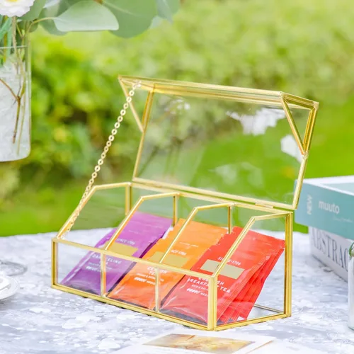 Miniatura 7 de NCYP Organizador de bolsas de té de vidrio con tapa, caja de almacenamiento pequeña de 3 ranuras para bolsitas de té, vitrina de mostrador