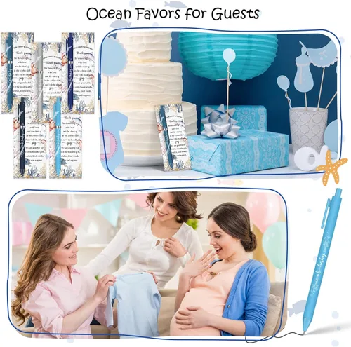 Miniatura 7 de Engrowtic Juego de 25 bolígrafos de regalo para baby shower para invitados con temática oceánica para baby shower, bolígrafos retráctiles