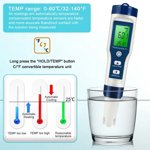 Miniatura 3 de Medidor de pH 5 en 1 LFS TDS, medidor de pH digital de alta precisión 0.01 para agua, probador de PH/TDS/EC/sal/temperatura, medidor de PPM