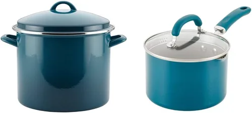 Rachael Ray Olla esmaltada en acero con tapa, 12 cuartos de galón, azul marino y cacerola antiadherente 12020 Create Delicious con colador y tapa, 3