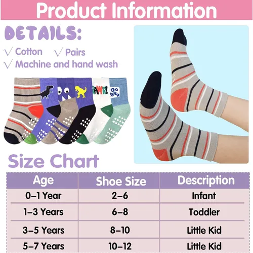Miniatura 7 de Tphon - Calcetines antideslizantes para bebés y niños pequeños, 12 pares con agarre, calcetines de tripa para niños de 0 a 7 años, niños y niñas