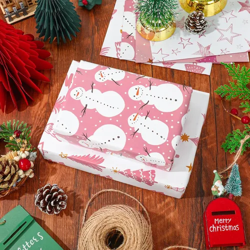Miniatura 5 de AnyDesign 12 hojas de papel de regalo de Navidad rosa Santa muñeco de nieve copo de nieve estrella árbol papel de regalo plegado plano papel