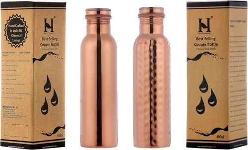 Juego de 2 botellas de agua de cobre puro, sin forro, sin revestimiento y sin laca, para beneficios de salud ayurvédica 20.3 fl oz