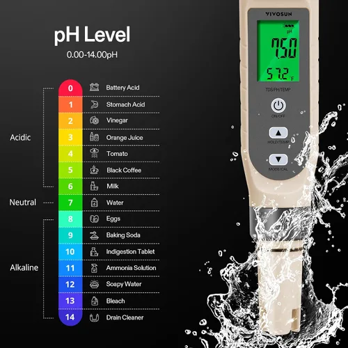 Miniatura 2 de VIVOSUN Medidor de pH digital 5 en 1 con función de PH/salinidad/TDS/EC/temperatura, pantalla de retroiluminación, IP67 impermeable para hidroponía