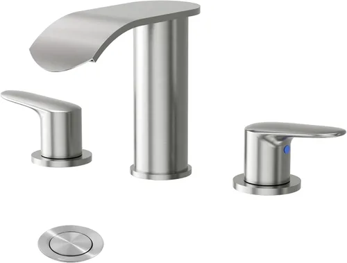 WOWOW Grifo de Baño Cascada 3 Orificios 8 Pulgadas Extendido Grifo de Lavabo de Baño, Dos Manijas Níquel Cepillado Grifo de Baño con Desagüe Pop-up