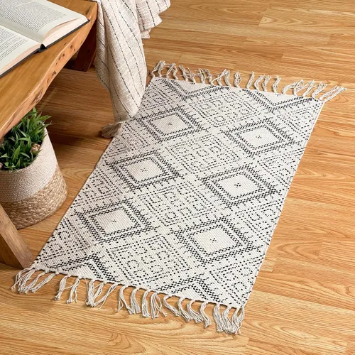 Miniatura 5 de Chardin home Alfombra bohemia con diamantes de 20 x 32 pulgadas, color marfil y negro, con flecos tejidos a mano, perfecta para entrada, felpudo
