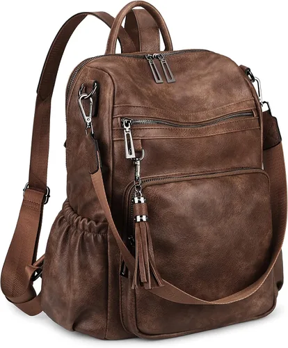 Uromee Mochila de viaje para mujer, de cuero vegano, a la moda, con borlas, bolsa de hombro convertible, 0243 Café grande, Mochilas Daypack