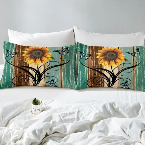 Miniatura 5 de Erosebridal Juego de sábanas rústicas de granja, tamaño individual, diseño de mariposa y girasol, para niños y adultos, estilo retro, grunge, verde