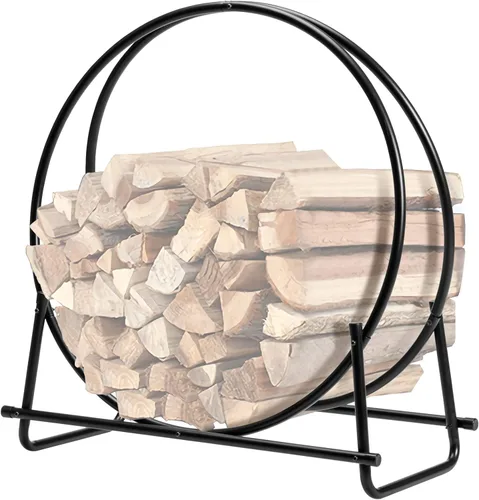 Miniatura 10 de COSTWAY Estante para leña de 41 pulgadas, soporte de madera de acero con recubrimiento en polvo con diseño de doble anillo, aro de leña