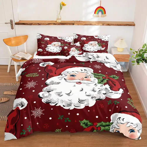 Miniatura 27 de Juego de ropa de cama de Navidad con funda de edredón de copos de nieve, color blanco y rojo, con estampado navideño, juego de ropa de cama festiva