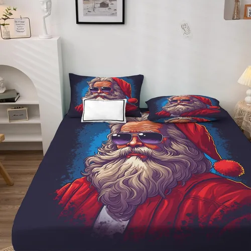 Miniatura 2 de Juego de sábanas de Navidad tamaño individual, sábanas de Papá Noel, sábanas y fundas de almohada estampadas de 3 piezas, sábana bajera ajustable