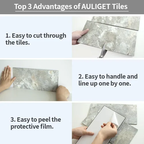 Miniatura 7 de AULIGET 2 piezas de azulejos de pared para salpicaduras de cocina, 6 x 12 pulgadas, pizarra gris y beige de PVC de piedra sintética
