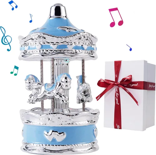 Miniatura 11 de Caja de Música de Carrusel Envuelta para Regalo, Carrusel Musical de Cerámica con Luces que Cambian de Color, Cajas de Música para Niñas, Niños