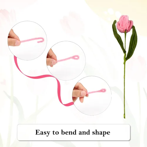 Miniatura 6 de iCraftine Kit de flores limpiadoras de tuberías, incluye tallos de chenilla rosa y verde, tallo floral, cinta de jardinería, cinta para hacer ramo