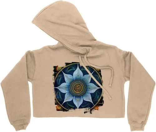Mandala Motif Women's Cropped Fleece Hoodie - Artwork Cropped Hoodie for Women - Blue Flower Hooded Sweatshirt