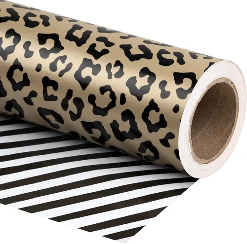 WRAPAHOLIC Papel de regalo reversible de leopardo, mini rollo, 17 pulgadas x 33 pies, estampado de leopardo con brillo metálico y diseño de rayas