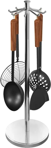 Soporte para utensilios de cocina de acero inoxidable giratorio con 8 ganchos giratorios, organizador colgante para cuchara, espátula, cucharón de