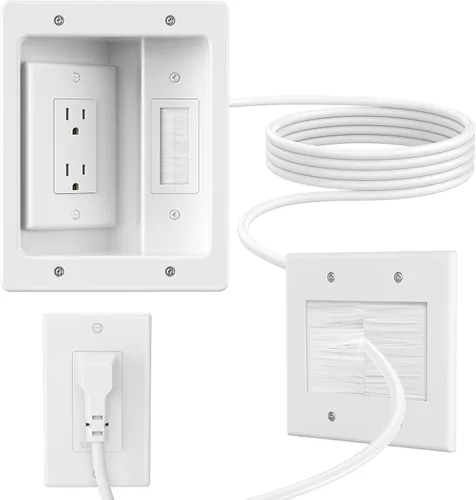 Kit corrector de cable de pared con placa de pared de cepillo, caja de salida empotrada, cable de 9 pies, pasador de 2 bandas para gestión de cables
