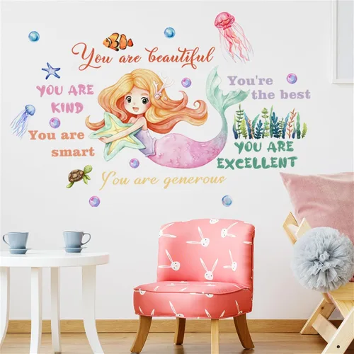 Miniatura 2 de WAFT YEARN Vinilo extraíble con diseño de sirenas y medusas subacuáticas de animales del océano, decoración de pared para guardería, escuela, aula