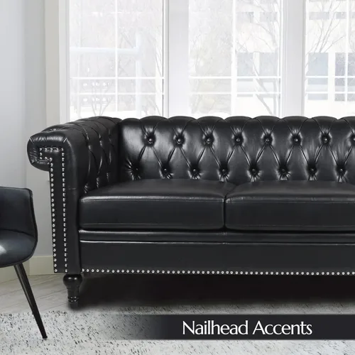Miniatura 6 de Sofá Chesterfield de piel sintética negra para sala de estar, asiento profundo, cómodo sofá de 3 plazas de gran tamaño, con botones, con cabeza