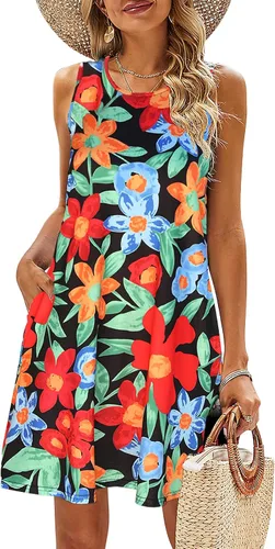 Miniatura 28 de SimpleFun - Vestidos de verano para mujer, camiseta floral, vestido de playa de estilo bohemio, informal, con bolsillos y sin mangas