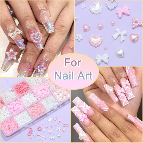Miniatura 5 de RODAKY 1000 dijes de uñas con lazo, lazo rosa y blanco, corazón, estrella, coqueta, decoración de uñas, cuentas de perlas con parte trasera plana