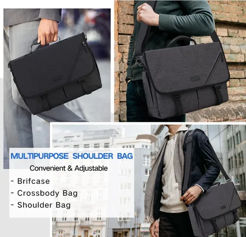 Miniatura 7 de Bolsa de mensajero para hombre, ligera, resistente al agua, 15.6 pulgadas, bolsa para laptop, bolsa de hombro para oficina de negocios Negro