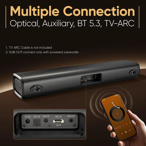 Miniatura 4 de Saiyin Barra de sonido para Smart TV, barra de sonido Bluetooth 5.3 de 60 W con controladores de graves duales y voz clara, sistema de sonido