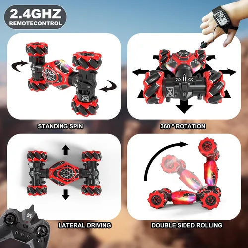 Miniatura 4 de Gesture Coche RC Rojo, 1:24 Alta Velocidad 4WD Coche de Acrobacias Transformable con Gestos y Control Remoto, Vehículo de Deriva con Rotación 360°