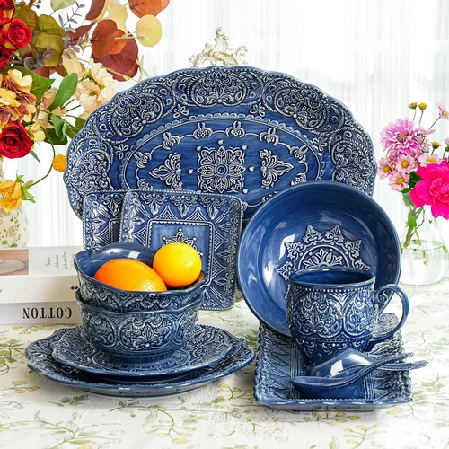 Miniatura 7 de Sungmor Vajilla Fina de Gres en Relieve para Cenas Elegantes, Juego de Platos de Cena de Porcelana de Estilo Barroco Antiguo de 2 Piezas
