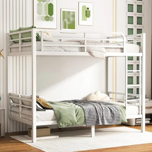 Miniatura 18 de Litera individual XL sobre Queen, cama alta de metal resistente para adultos/adolescentes, capacidad de 350/600 libras con escalera y barandilla